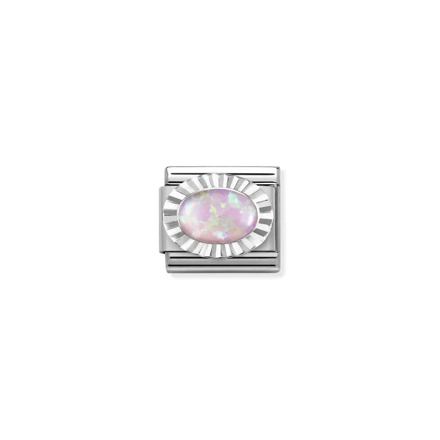 Pleated Surround Oval Pink Opal Charm - Silver