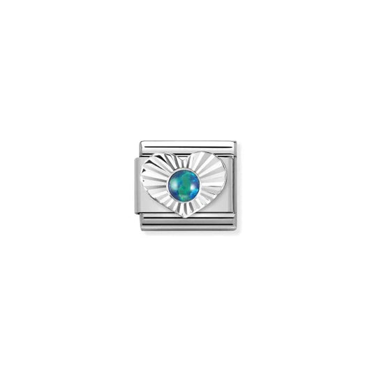 Pleated Heart Surround Green Opal Charm - Silver