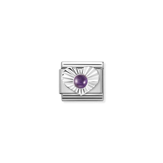 Pleated Heart Surround Amethyst Charm - Silver