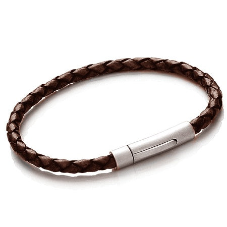 Stainless Steel & Brown Slim Leather Bracelet
