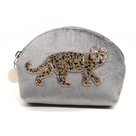 Grey Leopard Embroidered & Beaded Velvet Coin Purse