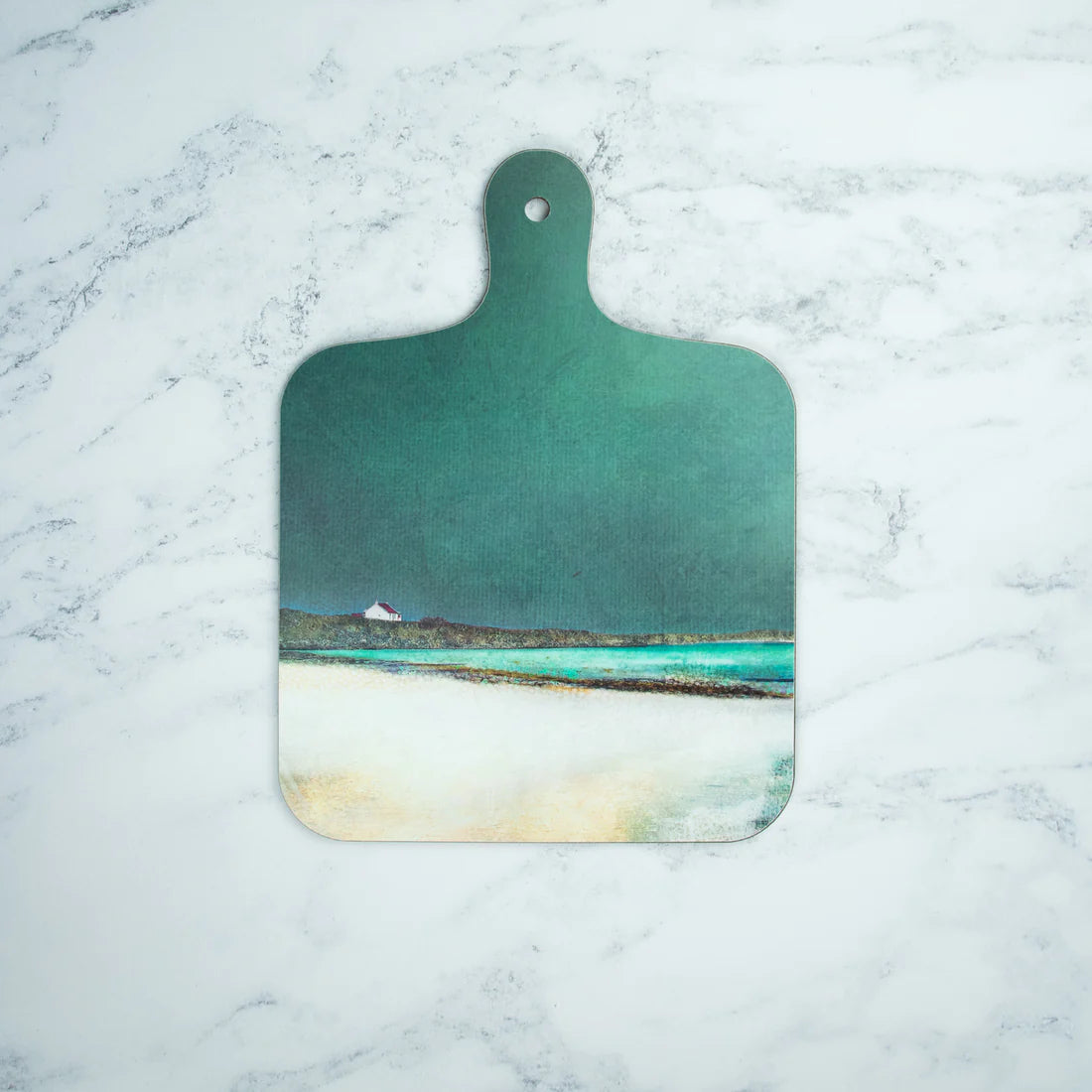 Square chopping board with print of a seascape from the Isle of Barra in teal blues