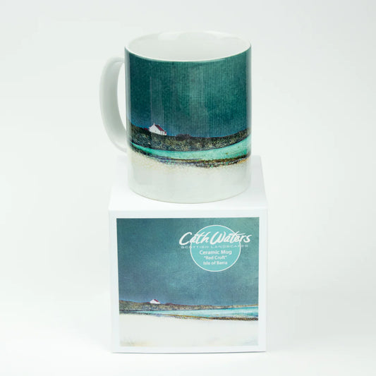 Ceramic mug printed all the way around with a seascape from the Isle of Barra in teal blues