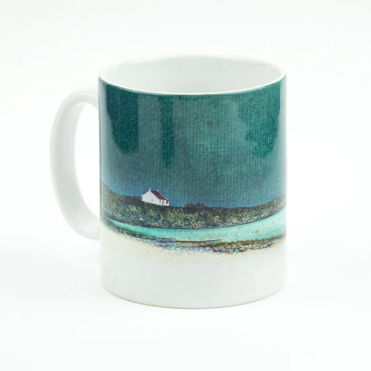 Ceramic mug printed all the way around with a seascape from the Isle of Barra in teal blues