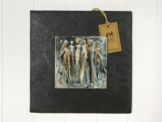 Wall art of a group of people in natural and grey done in an abstract style onto a square ceramic tile mounted on square slate