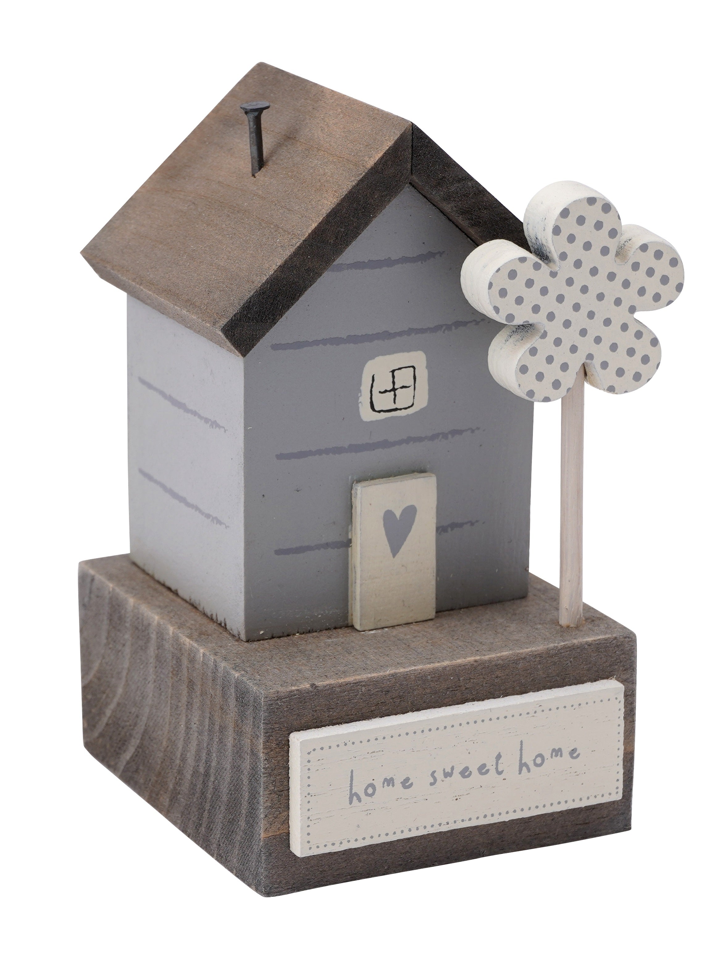 Small wooden cottage ornament in grey and wood with a plaque reading 'Home Sweet Home'