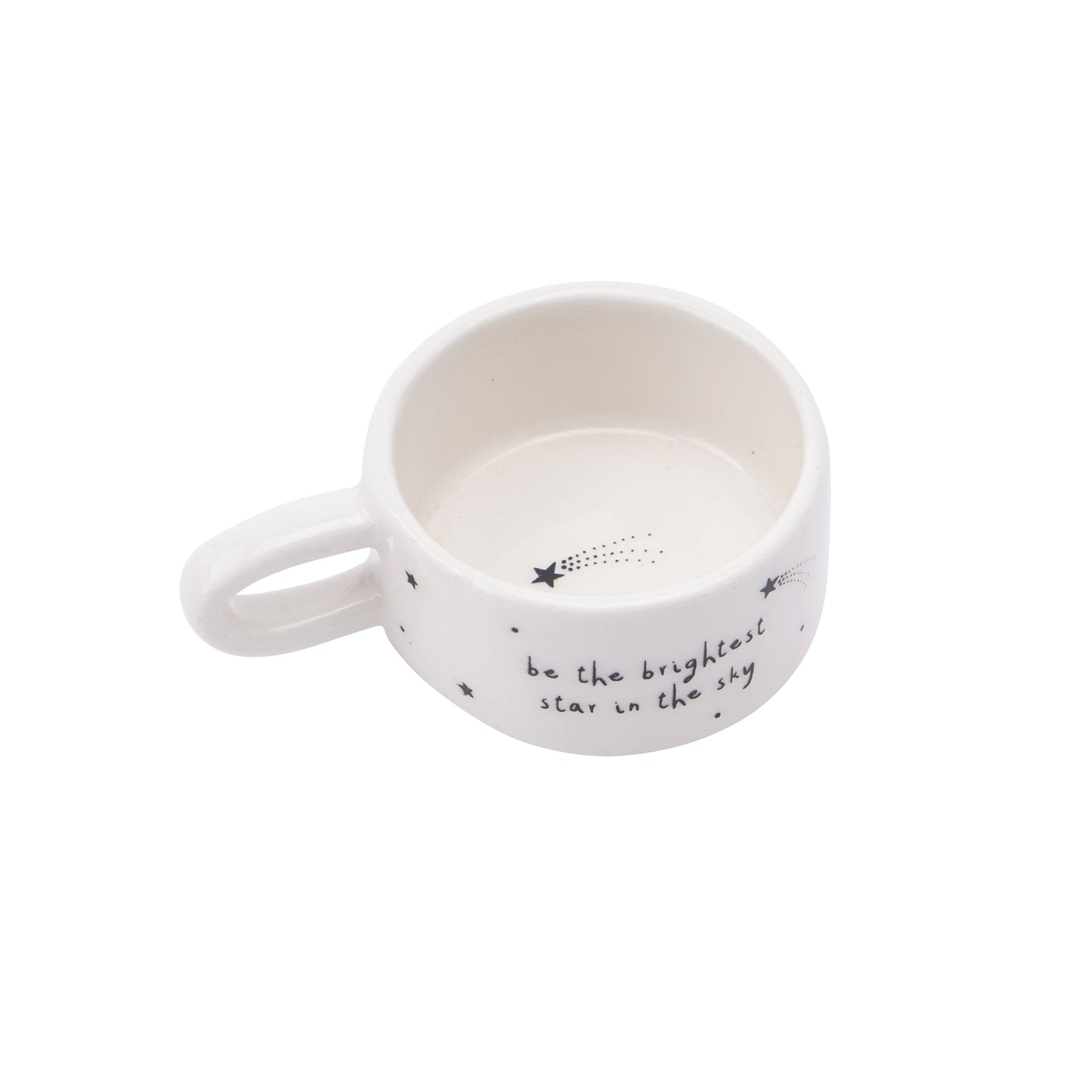  White mug shaped ceramic tealight holder with handle and star pattern, with the phrase 'Be the brightest star in the sky'