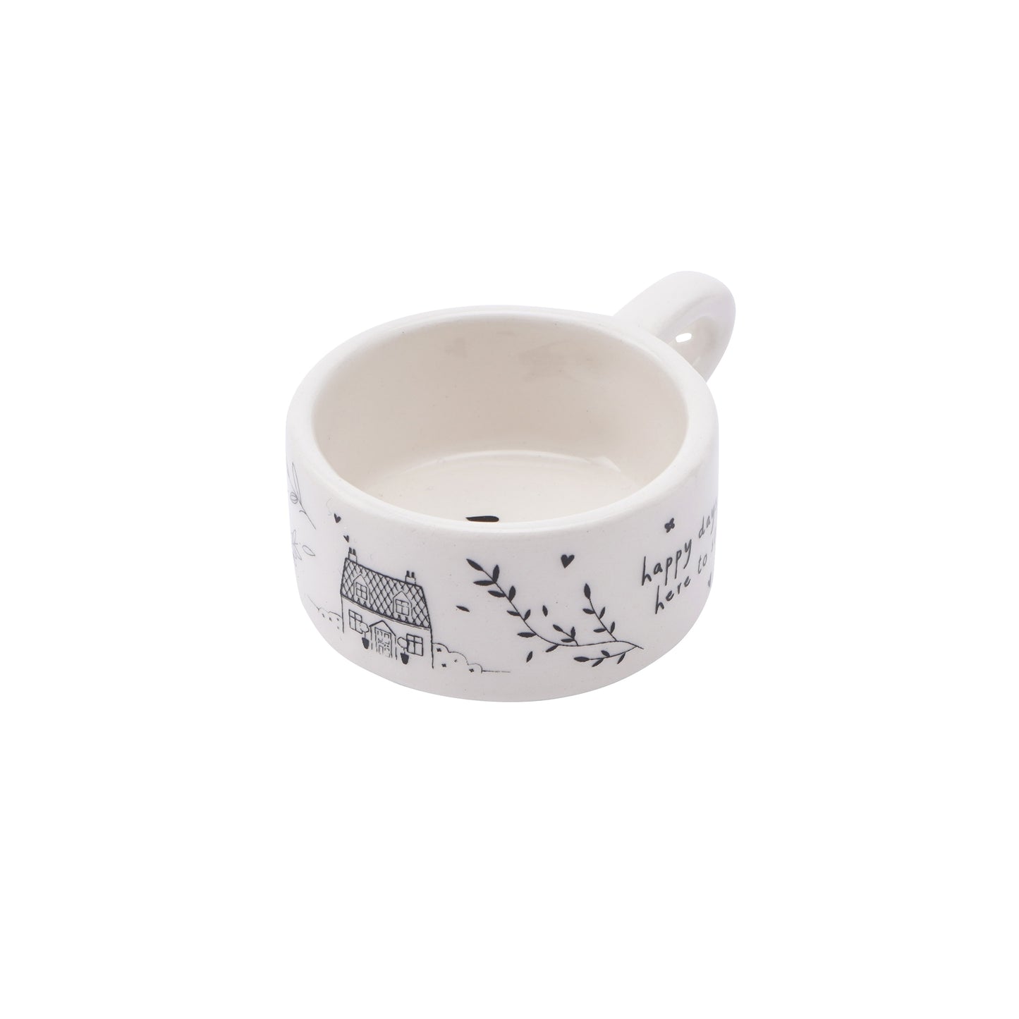 White mug shaped ceramic tealight holder with handle and heart pattern, with the phrase 'Happy days are here to stay'