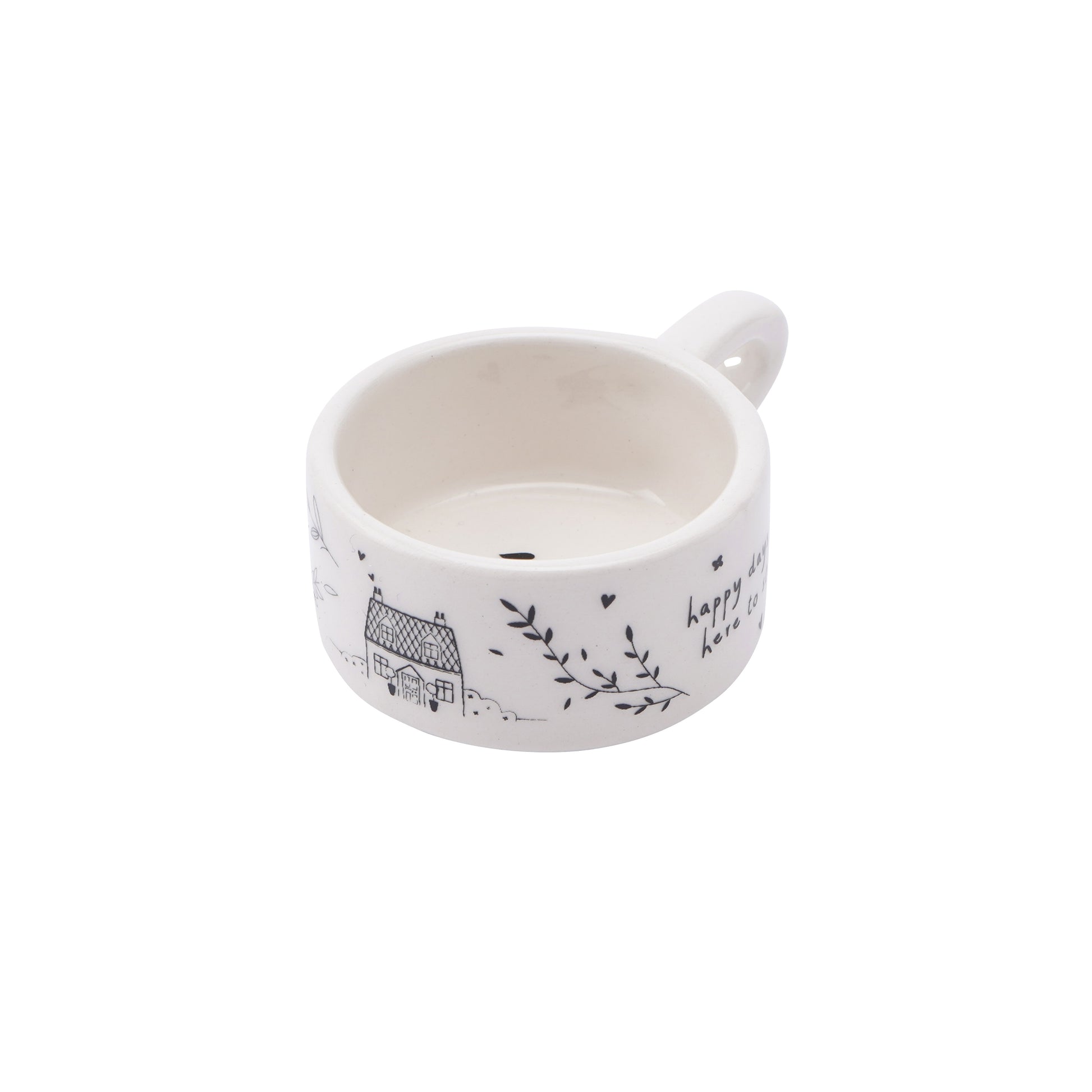 White mug shaped ceramic tealight holder with handle and heart pattern, with the phrase 'Happy days are here to stay'