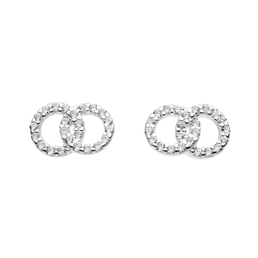 Silver Double Circle Link CZ Stud Earrings