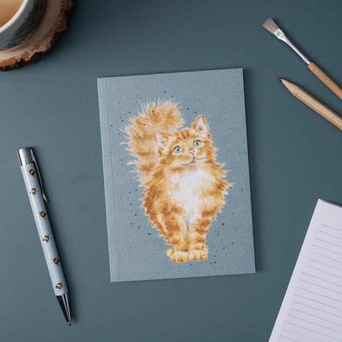  A6 size paper notebook in blue with a fluffy ginger cat watercolour art cover