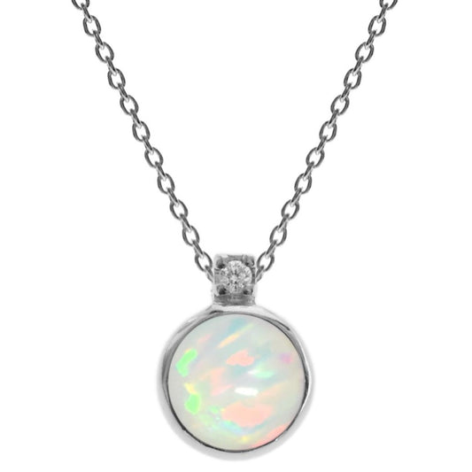 Round White Opalique & CZ Silver Necklace