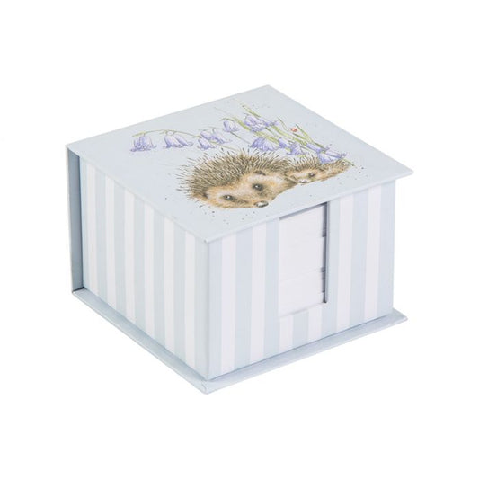 Memo block stationery in blue with watercolour hedgehog & bluebell flowers on top with stripe detail on the sides