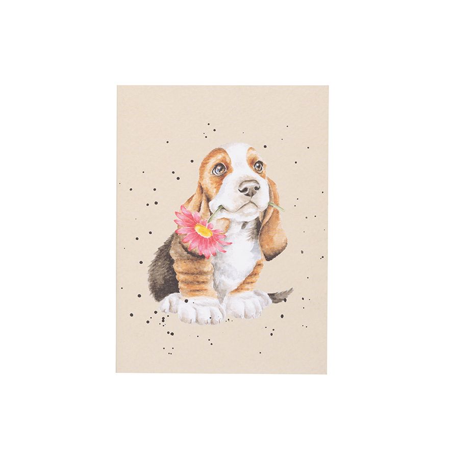 A6 size paper notebook in taupe with sitting basset hound puppy watercolour art cover