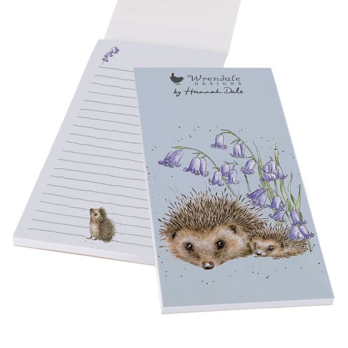Shopping list pad in blue with watercolour art of a hedgehog and bluebell flowers on the cover with lined interior
