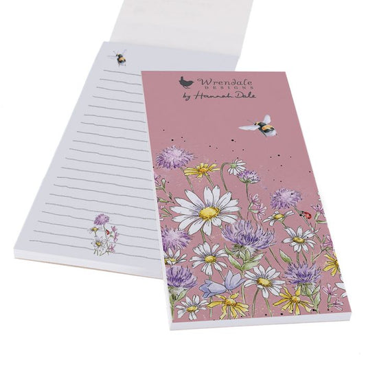 Shopping list pad in pink with watercolour art of a bee and wild flowers on the cover with lined interior
