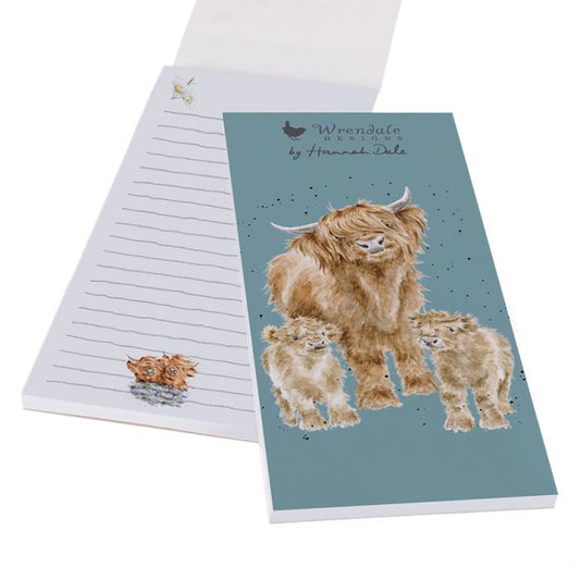 Shopping list pad in blue with watercolour art of a highland cow family on the cover with lined interior
