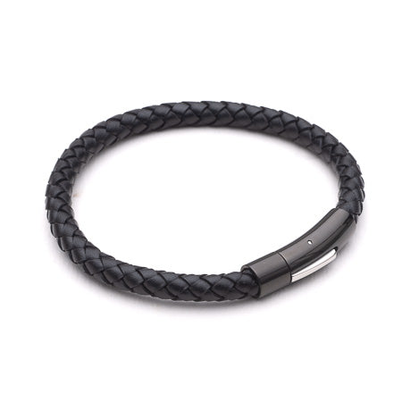 Polished & White Stainless Steel Clasp Black Leather Bracelet